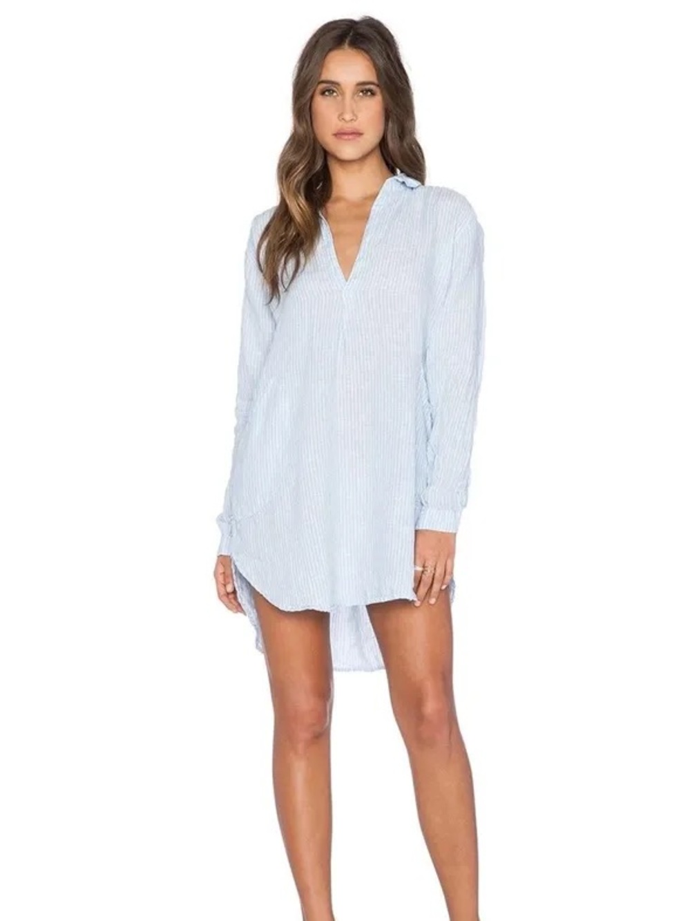 CP SHADES Teton Blue White Striped Linen Tunic Dress Shirt Womens Small Pockets